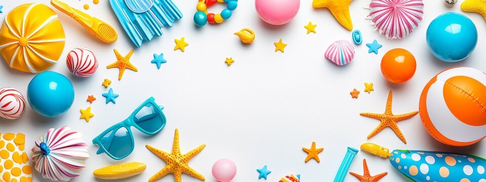 Bright and playful beach accessories are arranged artfully, featuring colorful balls, sunglasses, and starfish. This cheerful display evokes a joyful summer vibe full of adventure and sun