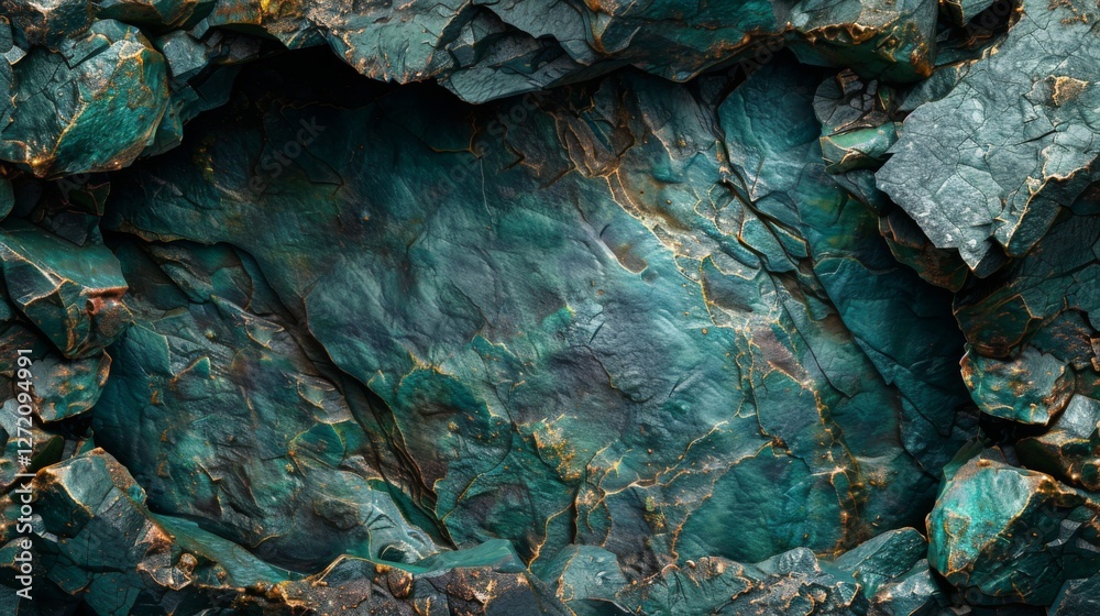 Poster striking emerald green rock layers reveal unique textures and patterns shaped by geological processe