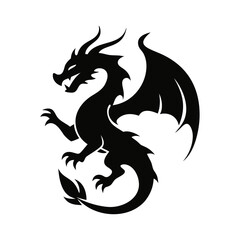 Vector art of majestic dragon silhouette with wings spread, a mythical creature isolated on white background, perfect for fantasy art and tattoo design