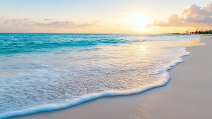 A serene sunset beach scene where gentle waves kiss the pristine shore under a vivid sky, painting a calm evening canvas.