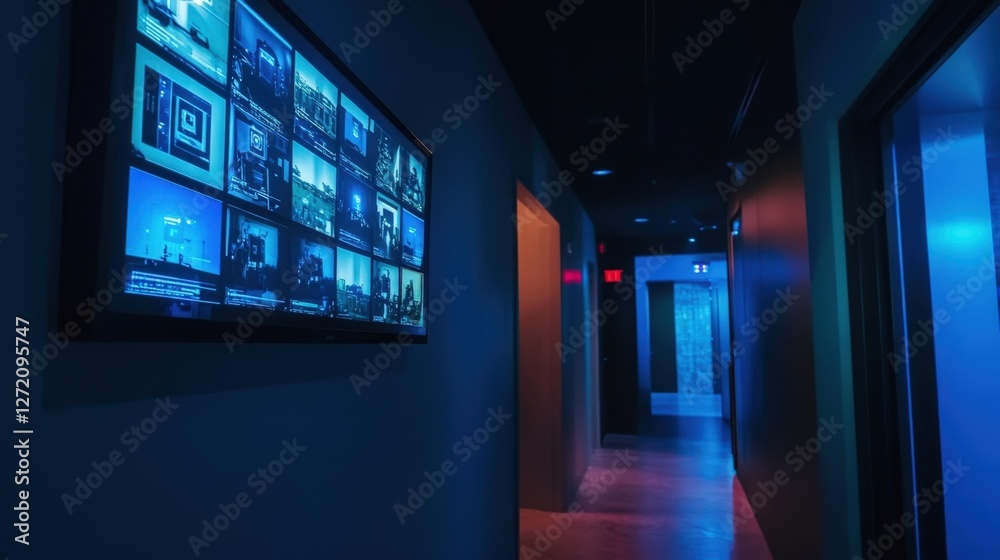 Aufkleber multiple screens displaying various data and information are mounted on the wall of a dark hallway i
