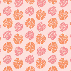 Seamless pattern with tropical leaves on pink background vector