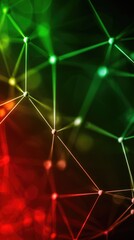 A vibrant abstract design featuring interconnected lines and nodes in shades of green, red, and yellow against a dark background.