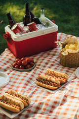 Picnic with hot dogs and cold drinks in cooler bag on red tablecloth in a park.