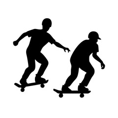 Vector art of two skateboarders in silhouette performing tricks isolated on white background, showcasing urban youth culture and extreme sports
