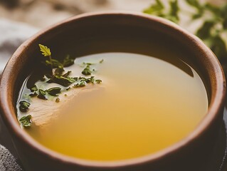 Golden broth in a rustic bowl, garnished with fresh herbs, a comforting and flavorful soup, perfect for a cold day