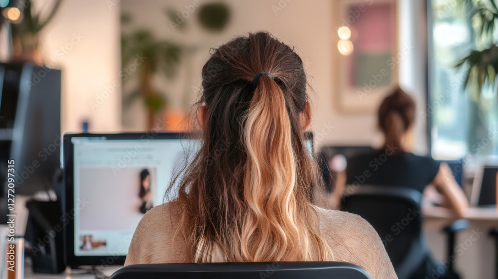 Aufkleber Back view of a female employee working diligently at a desktop computer in a bright, modern office, immersed in tasks within a collaborative workspace designed for productivity