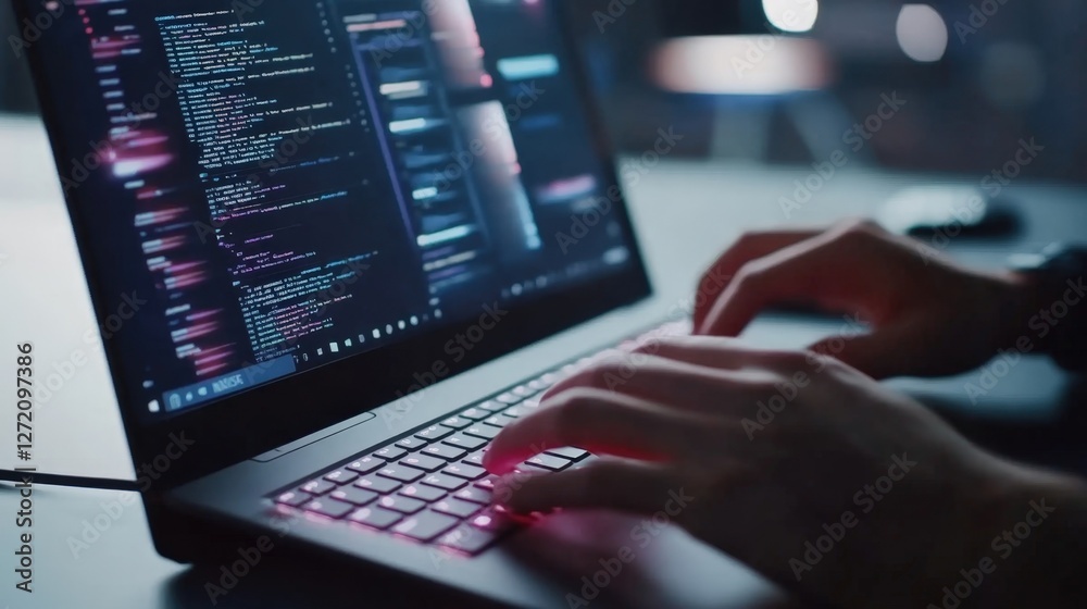 Poster close up of hands typing code on a laptop keyboard with complex software displayed on the screen, su