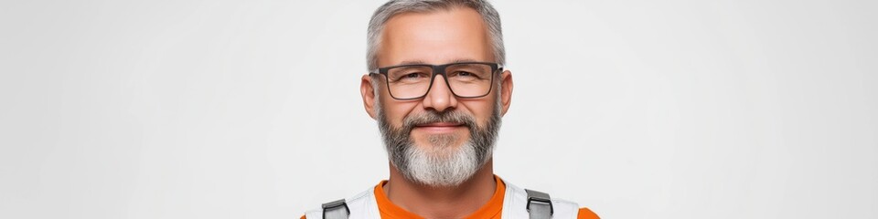 Obraz premium A man with glasses and a beard is smiling. He is wearing an orange shirt and a white vest