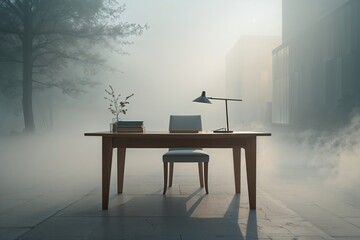Fototapeta premium Minimalist Wooden Desk in Dreamy Fog and Soft Shadows