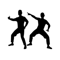 Vector art of silhouette of two dancers striking a pose isolated on white background, embodying the spirit of dance and artistic expression