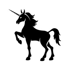 Vector art of majestic unicorn silhouette with flowing mane isolated on white background, ideal for fantasy art and mythical designs