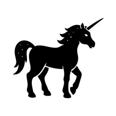 Vector art of elegant unicorn silhouette with star details isolated on white background, perfect for magical designs and fantasy themed illustrations