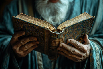 Generative AI portrayal of arabian person in traditional attire reading koran during Ramadan prayer reflections