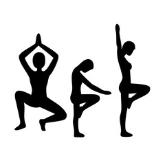 Vector art of silhouette of women doing yoga poses isolated on white background for fitness, health and wellness concept