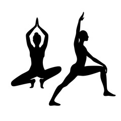 Vector art of silhouette of women in yoga poses, demonstrating balance, flexibility, and strength isolated on white background
