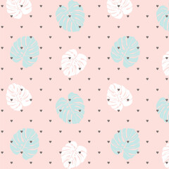 Seamless pattern with tropical leaves and heart on pink background vector