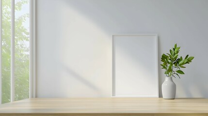 White Frame and Green Plant on Wooden Table Minimalist Interior Design