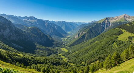 Naklejka premium Serene Mountain Valley Landscape - Tranquil valley, majestic peaks, lush greenery, clear blue sky, serene nature. Symbolizing peace, adventure, freedom, renewal, and escape