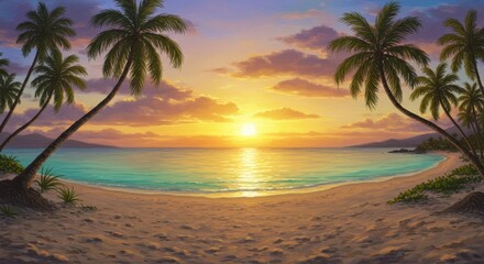 Serene Sunset Beach Paradise - Breathtaking sunset over a tranquil beach with palm trees, perfect for relaxation and vacation themes
