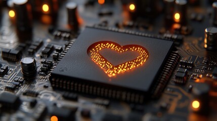 Heart shaped glowing chip on circuit board