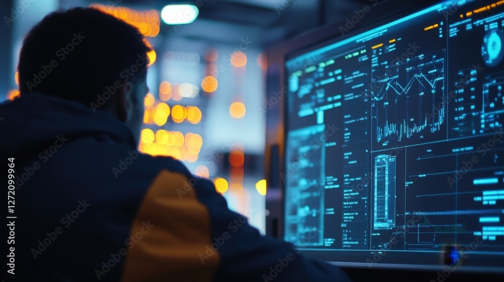 Poster it engineer is working at night in a data center, checking graphs and big data on a computer screen,