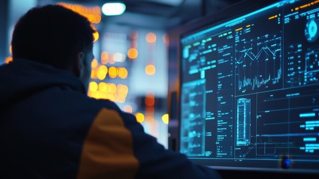 It engineer is working at night in a data center, checking graphs and big data on a computer screen, with server racks and flashing lights in the background - Powered by Adobe