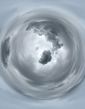 gray sky hdri 360 panorama with dark cloud before storm in seamless projection with zenith for use in 3d graphics as skydome or edit drone panoramas for sky replacement, isometry. with white shades