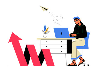 Female Entrepreneur Working On Laptop With Growth Arrows And Paper Plane In Flat Vector Illustration About Digital Business, Online Success, And Startup Growth, Isolated On White Background
