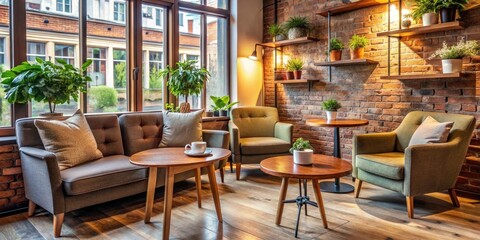Obraz premium Cozy corner of a coffee shop with comfortable armchairs and side tables, lighting, furniture, armchair, table