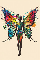 Colorful silhouette of a figure with butterfly wings in an artistic representation of transformation and freedom.
