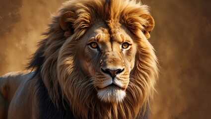 Fototapeta premium Majestic lion resting in golden savanna during sunset hours displaying strength and beauty