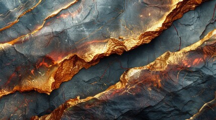 Fototapeta premium Stunning rock surface displays a captivating interplay of rich gold veins against dark stone. The intricate patterns highlight the beauty of natural geology, inviting exploration and admiration.