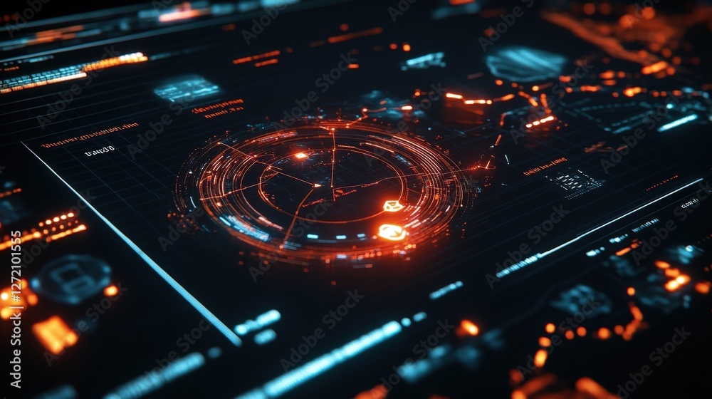 Poster futuristic head up display - hud - interface showing rotating circles, data analysis charts, and com