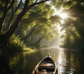 Dappled sunlight filters through the dense canopy above as a canoe paddles down a winding river, landscape, river