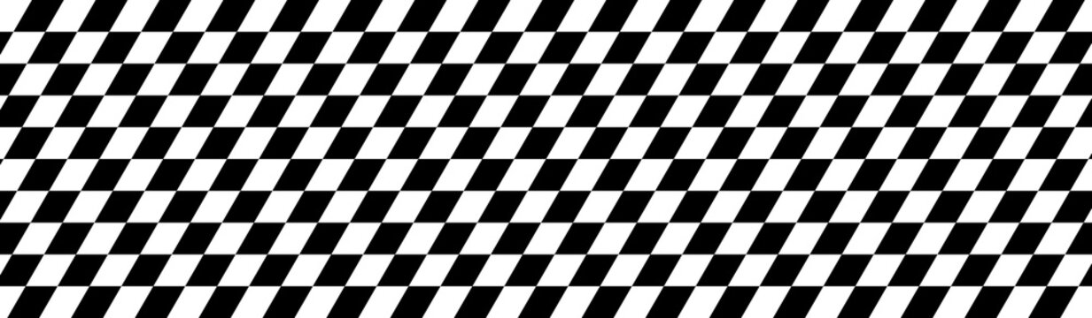 Racing flag background. Seamless black-and-white checkered flag pattern in a diagonal layout. Classic racing theme for motorsport textiles, banners, graphic, designs. Abstract vector illustration.