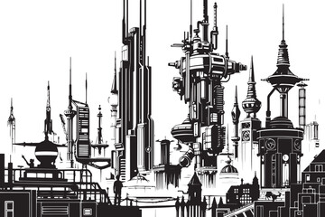 City landscape. Different buildings on street, outline cityscape hand sketch, flat houses. Hand drawn vector illustration