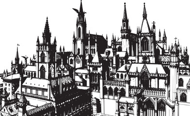 Fototapeta premium City landscape. Different buildings on street, outline cityscape hand sketch, flat houses. Hand drawn vector illustration