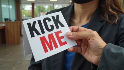 Person holding "Kick Me" sign in office, playful prank concept