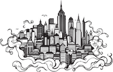 Obraz premium City landscape. Different buildings on street, outline cityscape hand sketch, flat houses. Hand drawn vector illustration
