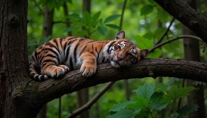 Obraz premium Baby tiger sleeping peacefully on tree branch in dense forest, tranquility