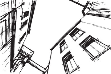 City landscape. Different buildings on street, outline cityscape hand sketch, flat houses. Hand drawn vector illustration