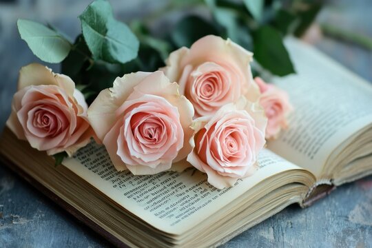 Pink Roses on an Open Book with Green Leaves for Romantic Themes