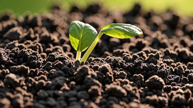 Young plant sprouting from soil in sunlight, early growth and nature concept