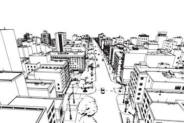 City landscape. Different buildings on street, outline cityscape hand sketch, flat houses. Hand drawn vector illustration