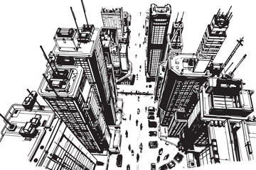 City landscape. Different buildings on street, outline cityscape hand sketch, flat houses. Hand drawn vector illustration