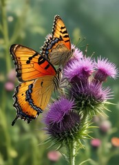 Obraz premium Delicate butterfly perches on the prickly thistle flower head, garden, nature