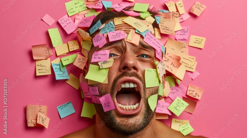Poster man surrounded by colorful sticky notes, expressing stress and chaos. represents multitasking, time 