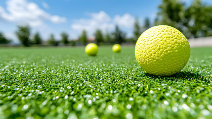 Yellow golf balls on green artificial turf, sunny day. Sports practice