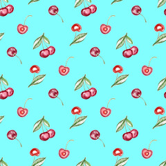 Cherry seamless girly pattern with fruit and berry. Summer design nursery wallpaper or cafe decor. Sweet food products for wrapping and background.